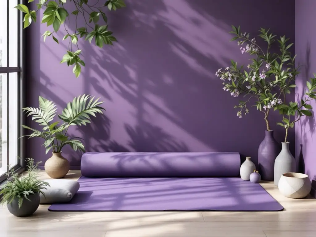 Lila Studio mit Yogamatte und Pflanzen