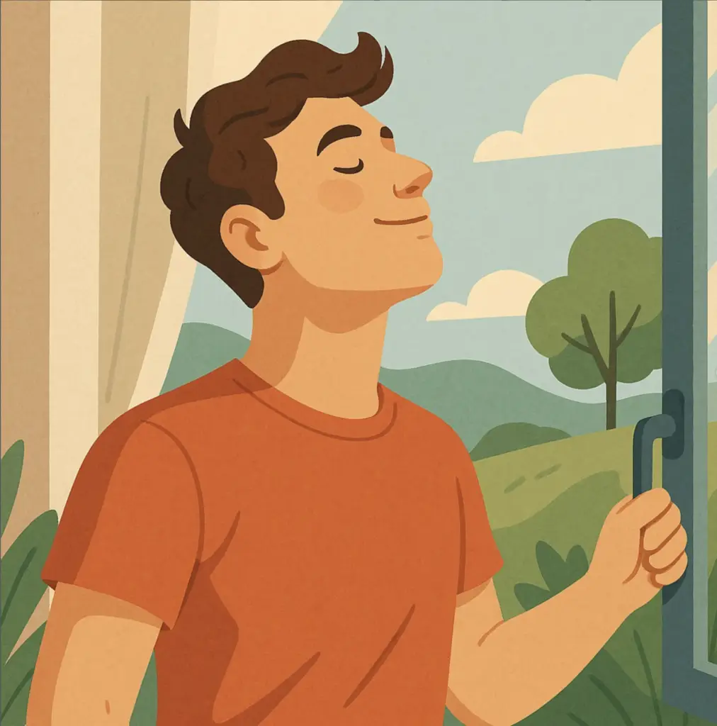 Illustration einer Person, die am Fenster tief durchatmet