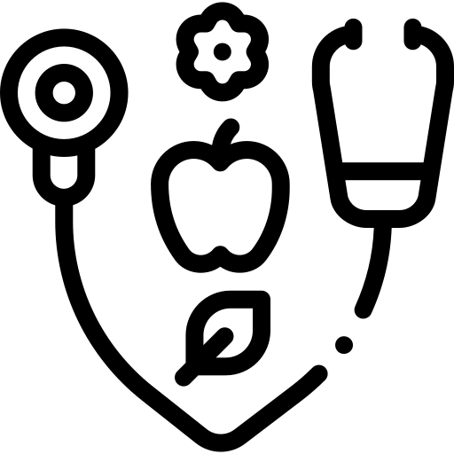 Stethoskop mit Apfel, Blatt und Zahnrad als Symbol für Naturheilkunde und ganzheitliche Gesundheit